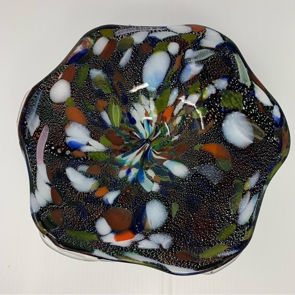 Vintage Studio Art Glass Bowl End of Day Blown Dish Multi Color Gold Flecks